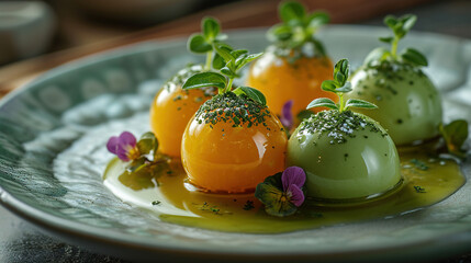 A Dessert Of Matcha Truffles with an Orange Coulis On Blurry Background