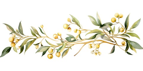 Poster - Watercolor mistletoe with gold accents on white background for festive stationery. Concept Watercolor Painting, Mistletoe Art, Gold Accents, Festive Stationery, White Background
