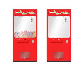 Red arcade grab claw machine with toys and empty set realistic vector illustration