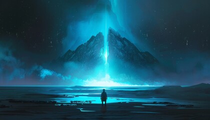 Wall Mural - A man stands on a beach looking out at a mountain by AI generated image
