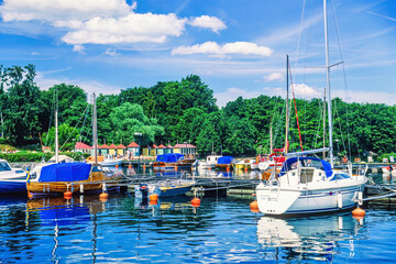 Poster - Marina with pleasure boats in the city Hjo on Lake Vättern in Sweden