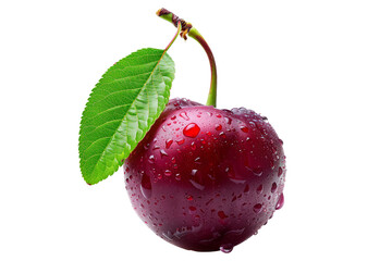 Poster - Closeup of fresh, juicy plums with water droplets and green leaves isolated on white transparent background.