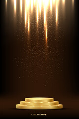 Wall Mural - gold podium background isolated on black. golden light award stage with glowing glitter sparkle conf