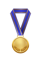 Wall Mural - gold medal with blue ribbon and laurel wreath vector illustration. realistic isolated trophy medal w