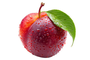 Wall Mural - Closeup of fresh, juicy plums with water droplets and green leaves isolated on white transparent background.