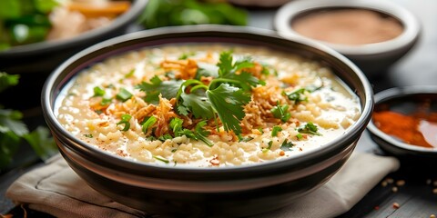 Wall Mural - Close-up of garnished Haleem a traditional Ramadan dish. Concept Food Photography, Ramadan Traditions, Close-up Shots, Cultural Cuisine