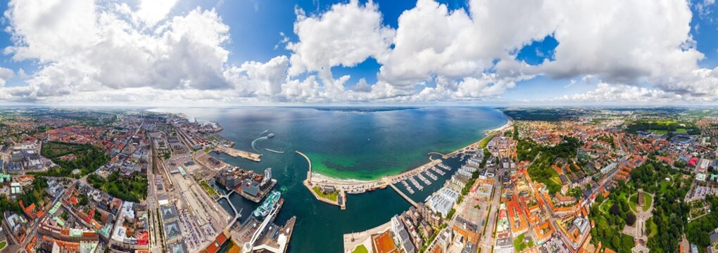 Helsingborg, Sweden. Panorama of the city in summer with port infrastructure. Oresund Strait. Daytime. Panorama 360. Aerial view
