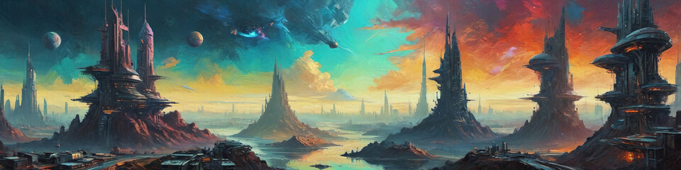 Wall Mural - Vibrant sci-fi cityscapes emerge through bold oil strokes, depicting futuristic buildings amidst a colorful planetary landscape with surrealistic depth, Generative AI