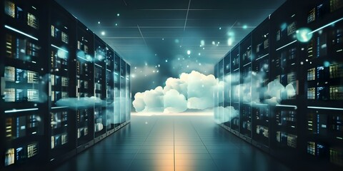 Wall Mural - Safely Store and Access Business Data Using Cloud Servers. Concept Cloud Servers, Data Security, Backup Solutions, Access Control, Business Continuity