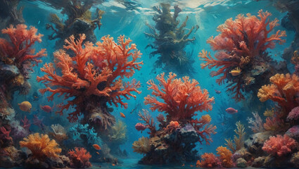 Wall Mural - Ethereal creatures and vibrant corals come to life in bold, textured oil strokes, creating a surreal underwater realm filled with mystery and wonder, Generative AI