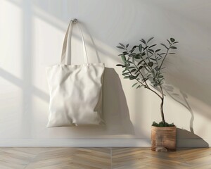 Wall Mural - Stylish mockup of a tote bag hanging on a wall, ideal for showcasing designs in a modern setting