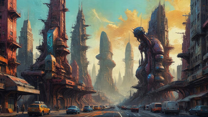 Wall Mural - Surreal sci-fi structures rise from textured oil strokes, creating a vibrant alien world with intricate cityscapes and bold colors, Generative AI