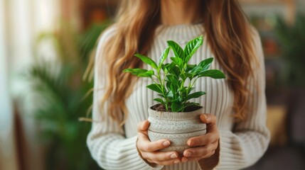 Wall Mural - Young woman holds houseplant in her hands