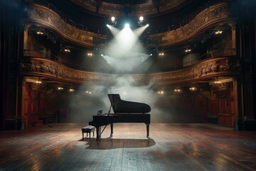 Wall Mural - An empty theater stage with a piano under a soft spotlight, the rest of the room dimly lit, evoking a sense of solitude