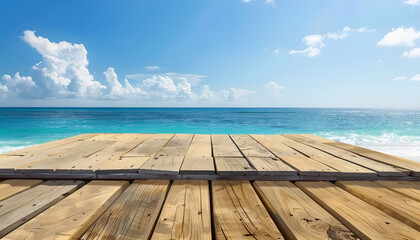 Wall Mural - Empty Wooden Platform on Sunny Tropical Beach. Summer Product Showcase Background for Branding and Marketing