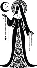 nun in silhouete with bohemian nature pattern illustration