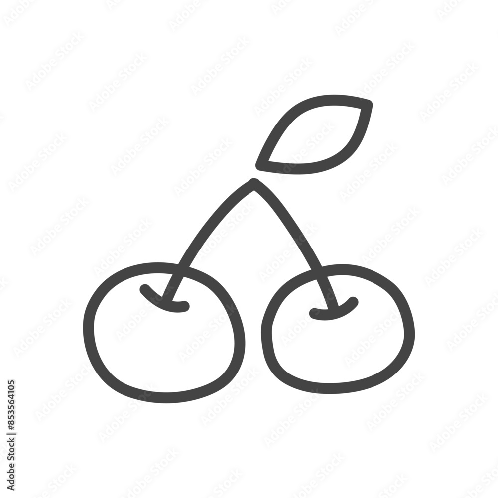Cute cheery icon. Hand drawn monochrome illustration of two cherries on ...