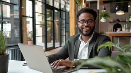 Poster - portrait of marketing technologist working in modern office, tech worker