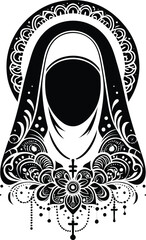 nun in silhouete with bohemian nature pattern illustration