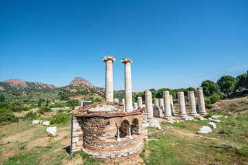 Scenic views of the Temple of Artemis at Sardis, the fourth largest Ionic temple in the world,  situated on the western slopes of the Acropolis, below the mass of the Tmolus Mountains, Salihli, Turkey