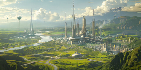 Sticker - a futuristic city with a river running through it by ai generated image