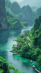 Wall Mural - Scenic View Of A Lagoon Surrounded By Lush Green Mountains And Cottages In Thailand