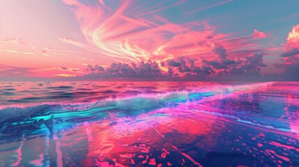 Poster - Explore a surreal world where an abstract holographic beach scene meets a digital sunset 