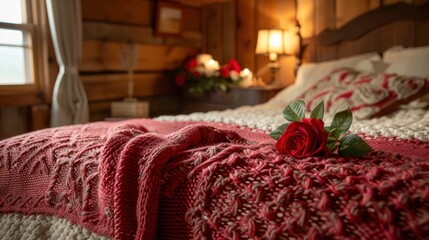 Wall Mural - A Romantic Bedroom With A Large Bed Draped In A Red Blanket, A Rose On The Commode, And Soft Lighting, High Quality, HD