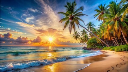 Vibrant orange and yellow hues illuminate a serene beach scene, with palm trees, turquoise waves, and a brilliant sun shining bright in a clear blue sky.