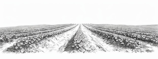 Sketch illustration of a cotton field. The cotton is planted in even rows all the way to the horizon.