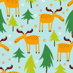 Wall Mural - Seamless forest pattern with elks