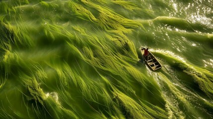 Wall Mural - A boat is floating in a green body of water