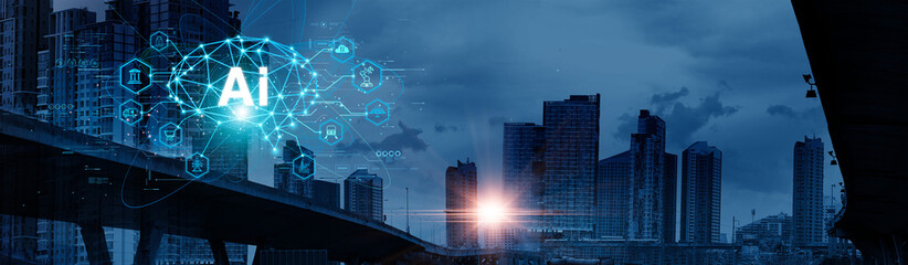 Leinwandbilder - Smart city of Ai, Business and artificial intelligence technology smart transformant and business development  with Communication network on global connected. Data exchange and Deep learning of Ai.