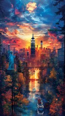 Wall Mural - A Scenic Sunset View of the New York City Skyline With the Statue of Liberty