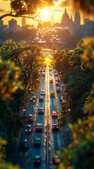 Wall Mural - Golden Sunset Over City Roadway With Traffic