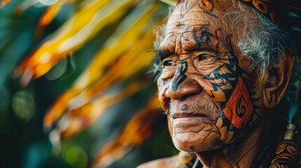 Close-Up Portrait of an Elderly Indigenous Man With Traditional Tattoos in the Jungle