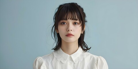 Wall Mural - Portrait of stylish Japanese girl with white shirt embroidered collar and bangs. Concept Japanese fashion, Stylish outfit, Embroidered collar, Bangs hairstyle, Portrait photography
