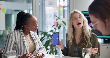 Poster - Business meeting, woman and phone with app in office for software development, partnership and plan. Digital agency, tech and screen with pitch in consultation for ux presentation, proposal and idea