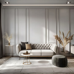 Aesthetic elegant classic interior design. Clear mock up empty wall for decoration in the apartment. Copy space in the room with moldings. Neutral palette of natural colors.