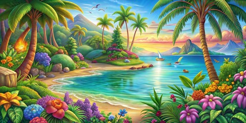 Wall Mural - tropical beach with sunset and flowers