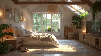 Wall Mural - A Scandinavian-Style Loft Bedroom With Minimalist Decor And Cozy Ambiance, High Quality, HD