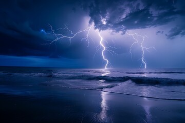 Wall Mural - A lightning storm over the ocean, the bolts illuminating the waves