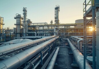 The exterior of a futuristic chemical factory with pipes and storage tanks under a clear sky