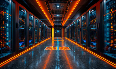 Poster - Modern Data Center Corridor with Rack Servers and Cloud Storage Visualization, High-Tech Working Environment, Night Setting, Glowing Lights