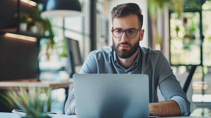 Poster - portrait of a SEO Consultant working in modern office, male tech worker 
