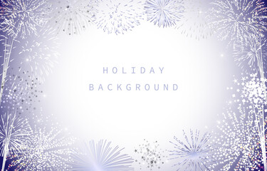 Holiday background, festive frame. Greeting card template with copy space. Shiny fireworks with clipping mask backdrop. Blogging stories empty blank. Editable design. Sample banner. Gift card concept.