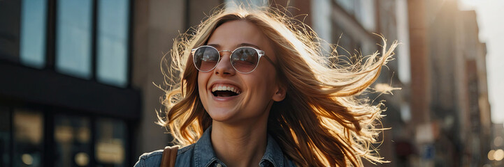 Wall Mural - Smiling happy young student Caucasian woman in sunglasses in the city center with flowing hair and in the sunlight. Portrait, UV protection, optics. 