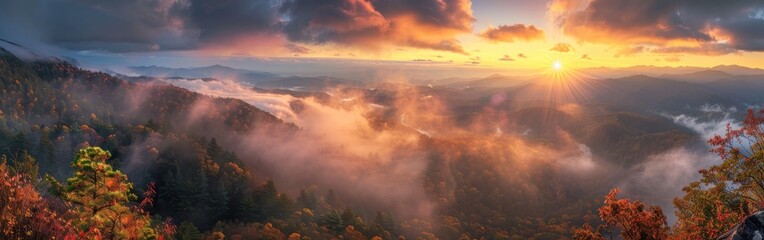 Canvas Print - A Colorful Autumn Sunset Over Misty Mountains