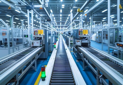 The interior of a modern electronics manufacturing facility with conveyor belts and machinery