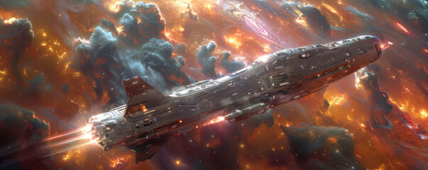 Wall Mural - A sleek, metallic spaceship cruising through a nebula of swirling colors.